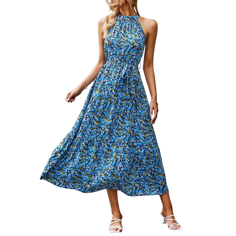 PrettyGarden Women’s Floral Halter Ruffle Hem Maxi Dress with Belt‎ Medium NWOT